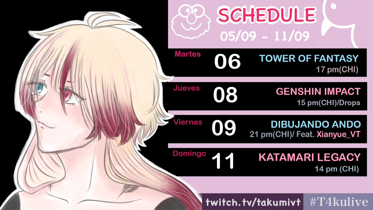 Takumi_vt's tweet photo. ♡ Calendario de esta semana ♡
Me costó mucho hacer esta semana en stream pero como ven tendremos de todo !!
----------
Hashtags activos:
#T4kulive
#T4kuart
Zona horaria de Chile: Santiago GMT-4
Dibujo hecho por mi uwu
#VtuberES #VtubersUprising #vtuber https://t.co/k75HG5G4EZ