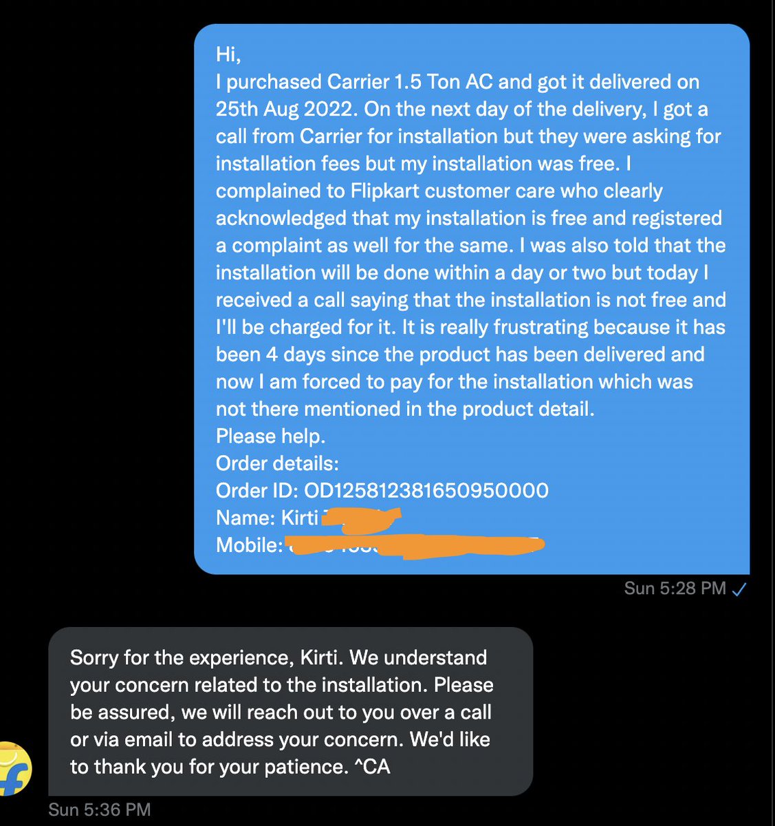 kirtikikitchen's tweet photo. @Flipkart @Flipkart is a fraud. It's been 12 days since my AC has been delivered. I tried reaching out to customer care &amp;  @flipkartsupport countless times but my installation isn't happening. All I get is an autoreply.
PS: I'm Flipkart Plus member.
#FlipkartFraud #FlipkartBigBillionDays https://t.co/fTqaSsQUiO
