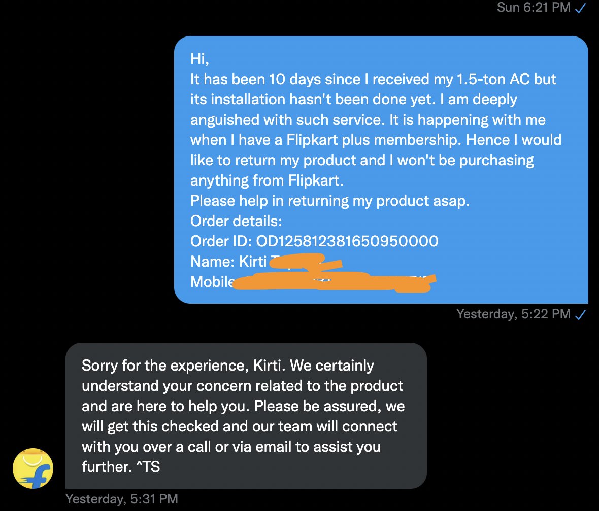 kirtikikitchen's tweet photo. @Flipkart @Flipkart is a fraud. It's been 12 days since my AC has been delivered. I tried reaching out to customer care &amp;  @flipkartsupport countless times but my installation isn't happening. All I get is an autoreply.
PS: I'm Flipkart Plus member.
#FlipkartFraud #FlipkartBigBillionDays https://t.co/fTqaSsQUiO