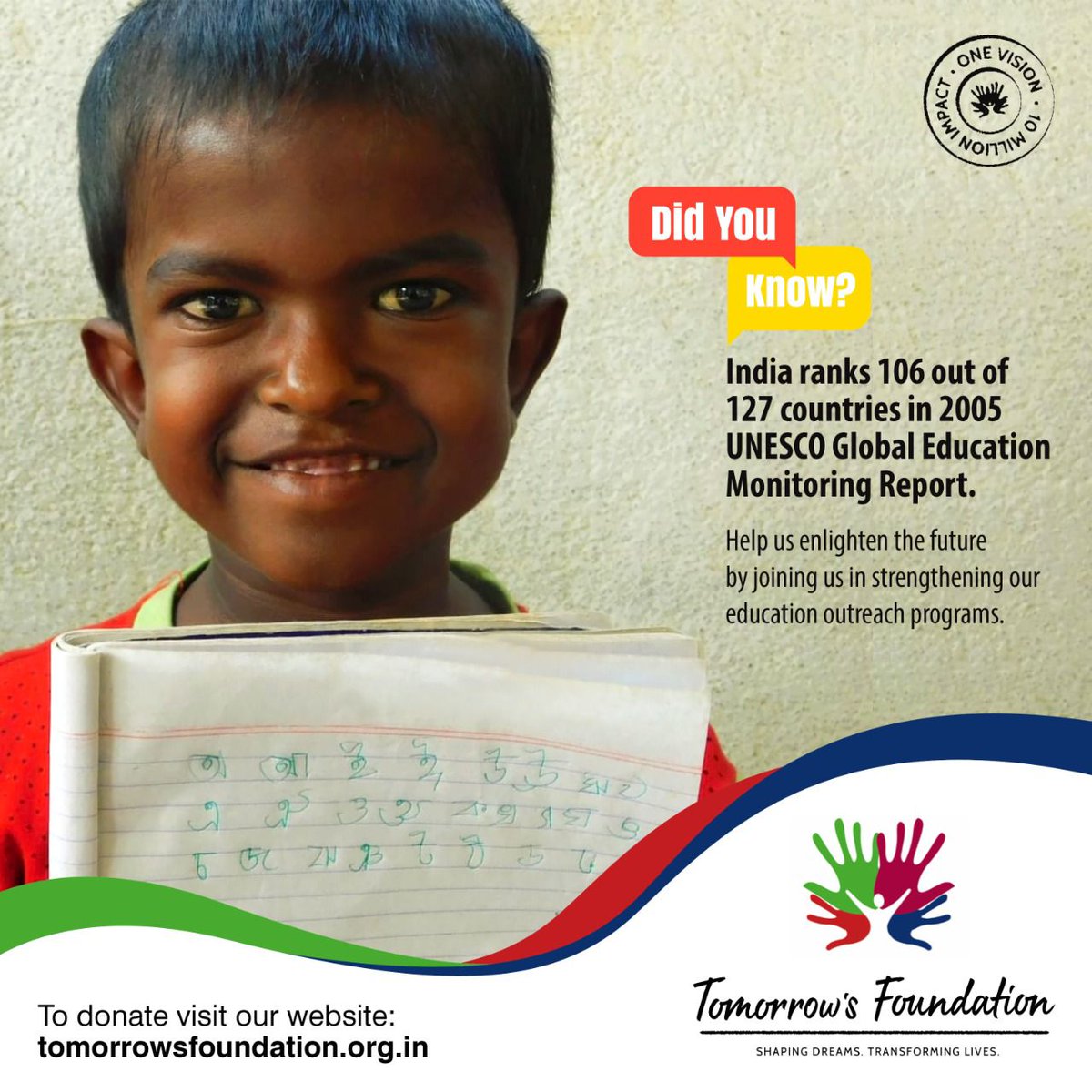 TF_India's tweet photo. Know-how, we as a Country rank in the Global Education Monitoring Report. Help us to help others. Visit our website to donate
#NSEF #HCLFoundation #giveindia #DellFoundation #NITIAayog #CoalIndia #tatatrust #skollfoundation #AdaniFoundation #knh #SunPharma #indiasporaforum https://t.co/2aD6Jnn8Gv