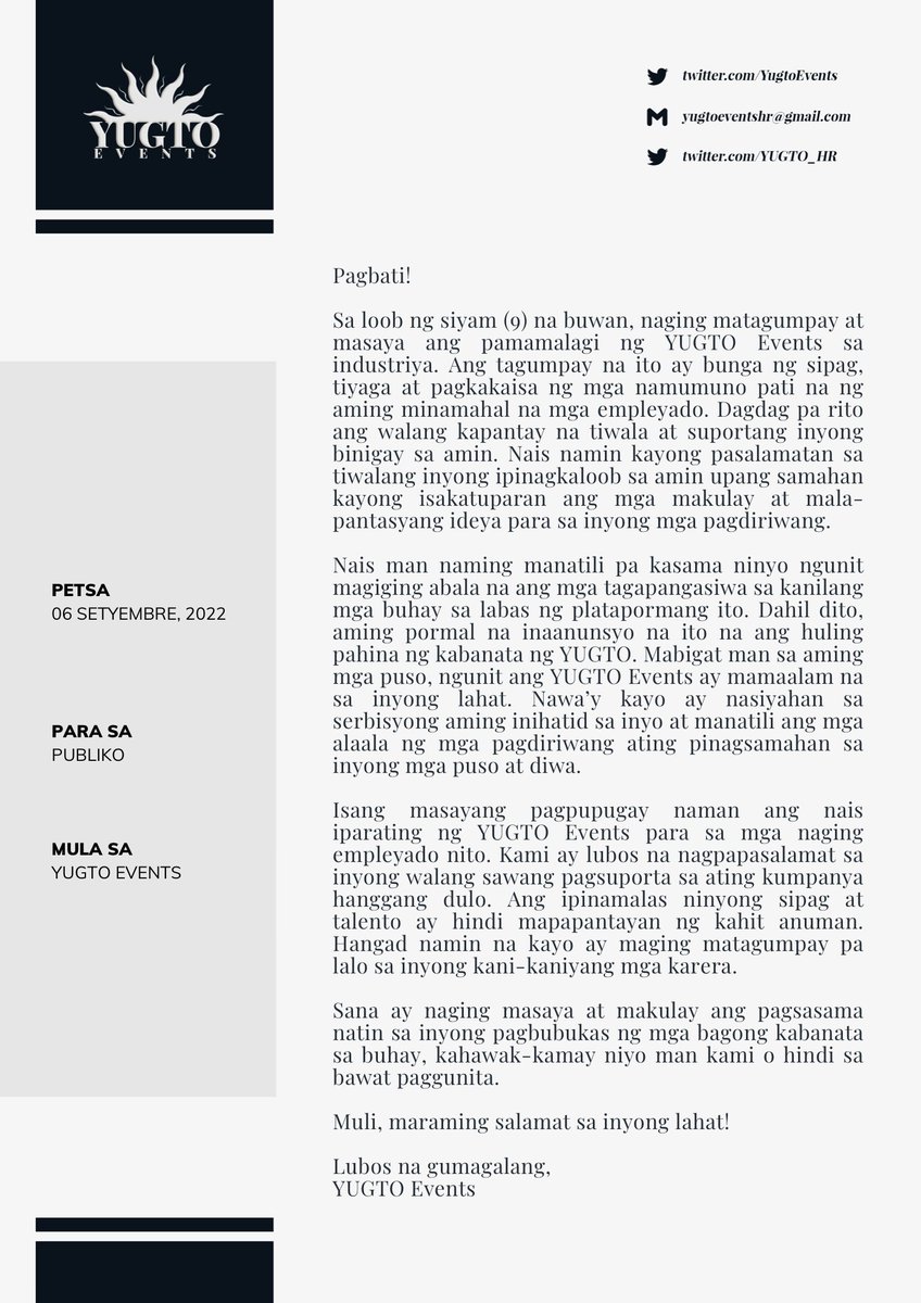 ͏͏͏͏͏͏ ͏͏͏͏͏͏ㅤ

ANNUNSYO PARA SA PUBLIKO: Permanenteng
pagtigil ng operasyon ng YUGTO Events

Pagbati mula sa aming kinauukulan! 

Ang YUGTO Events ay lubos na nagpapasalamat sa tiwalang ibinigay ninyo sa amin. Nawa'y nakapag-iwan kami ng magagandang alaala sa inyo!

 ͏͏͏͏͏͏ㅤㅤ