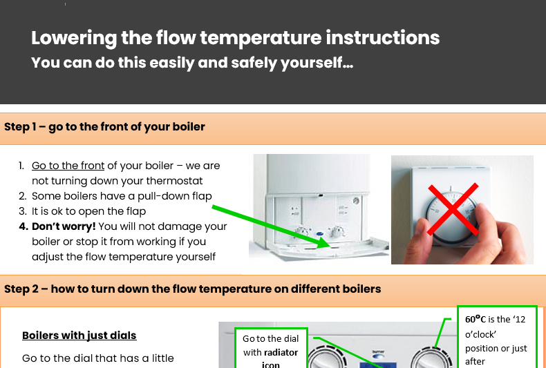 theheatinghub's tweet photo. We have a free PDF flyer with step by step instructions for turning down the flow temperature on your condensing combi boiler. Request via our website https://t.co/z0i3B6dYtG. Put it through your neighbours' doors, help an elderly relative #howlowcanyouflow #spreadtheword https://t.co/BxLwd6u2pc