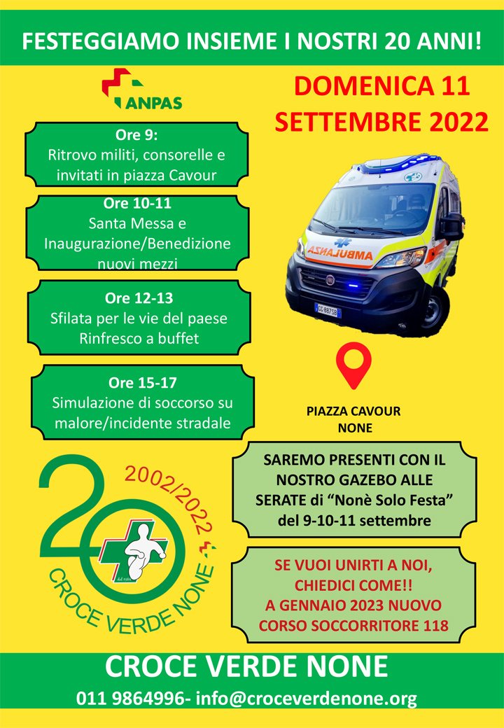 AnpasPiemonte's tweet photo. La Pubblica Assistenza #Anpas #CroceVerdeNone domenica 11 settembre a #None festeggerà 20 anni di fondazione. Maggiori info e programma:
https://t.co/DOXP1fh4Xu… #volontariato #AnpasPiemonte https://t.co/Iq8e7AwHIc