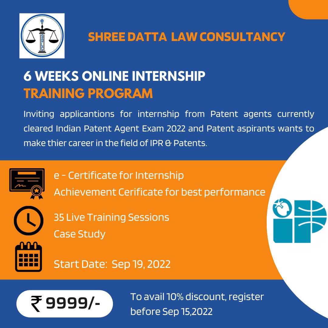preetichothani's tweet photo. 6 weeks Online Internship Program for Patent agents and Patent Aspirants by Shree Datta Law Consultancy, Gandhinagar 
Starts from 19th Sep, 2022 and Link for registration: 
https://t.co/jbC9gTahNd
#internship #patentagent  #training #online #patents #ipr #sdlc #iplaw #patent https://t.co/UBNKI3PAWg
