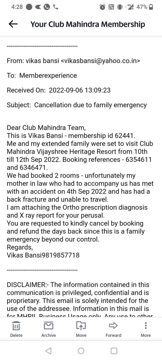 vikasbansi1's tweet photo. Always been a great admirer of Mahindra group and customer oriented approach 

Had to cancel my Club Mahindra holiday due to medical emergency in family. Initially was asked about document proof and then denied refund of days :(

@clubmahindra
@anandmahindra
#policyoverempathy https://t.co/cUcavDQ9IN