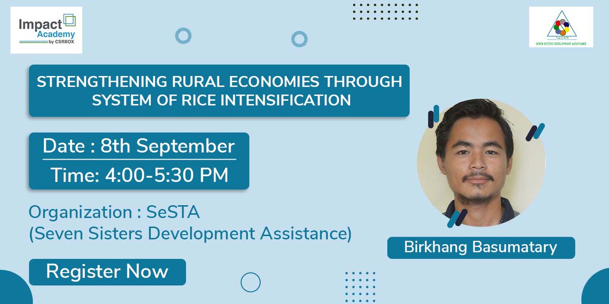 sestaorgindia's tweet image. #masterclassalert

SeSTA in collaboration with Impact Academy will organise a masterclass on System of Rice Intensification (SRI) and how it helps rural economies to get strengthened on September 8, 2022, at 4:00 pm IST.