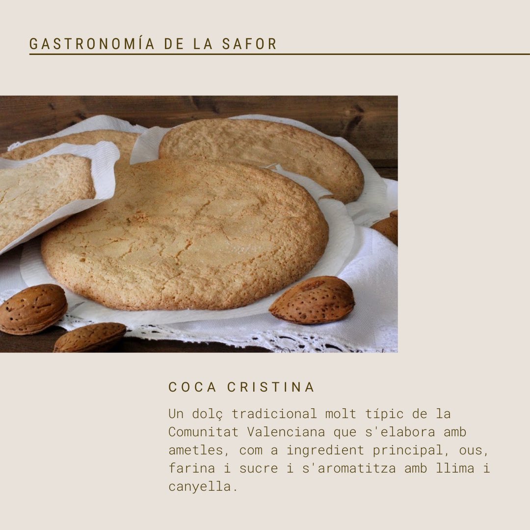 - Gastronomia de La Safor -
La coca Cristina és un dolç tradicional molt típic de la Comunitat Valenciana que s'elabora amb ametles, com a ingredient principal, ous i farina i sucre i s'aromatitza amb llima i canyella.

#saforturisme #lasafor #valencia #turismodeinterior