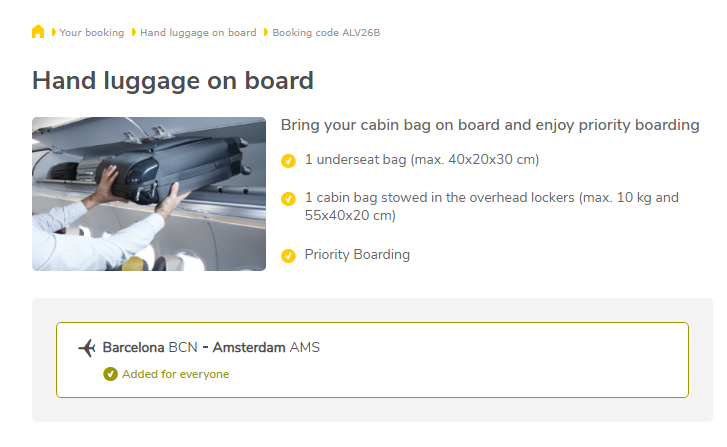 Denny966's tweet photo. @vueling I added a cabin bag but apparently, it's only for the return flight. I cannot add a cabin bag to my outbound flight on the website. How can I still add one or what are my options? https://t.co/YVkAdBeYI9