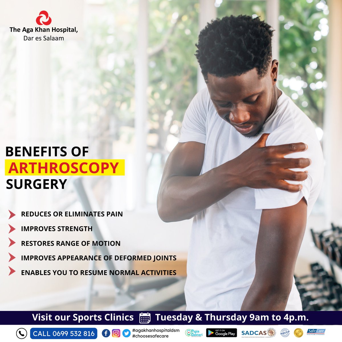 akhstanzania's tweet photo. For all sports injuries now you can visit our Sports Clinics every Tuesdays and Thursdays from 9am to 4pm for correct and timely treatment. Inquire now 0699 532 816.
#agakhanhospitaldsm #sportsclinics #arthroscopy #jointpain #excessiveexercise #kneepain #kneesurgery #tanzania https://t.co/48ekbO3JPo