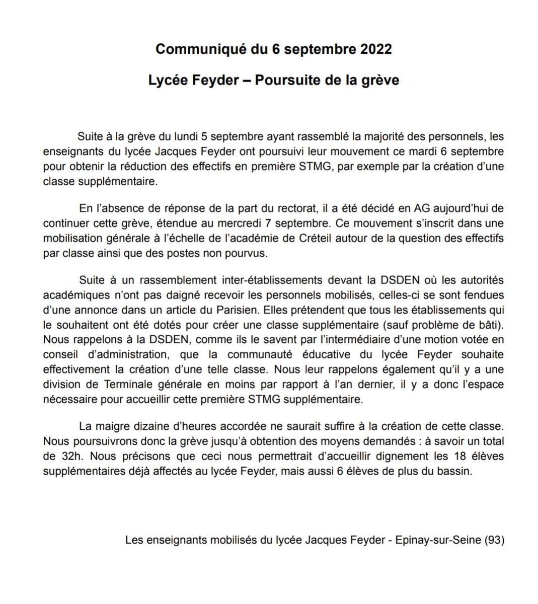 Les enseignants du lycée Feyder poursuivent le mouvement de grève. Les revendications restent les mêmes : création d'une nouvelle classe de 1STMG pour maintenir les effectifs sous la barre de 24 élèves/classe.
Le communiqué ⬇️