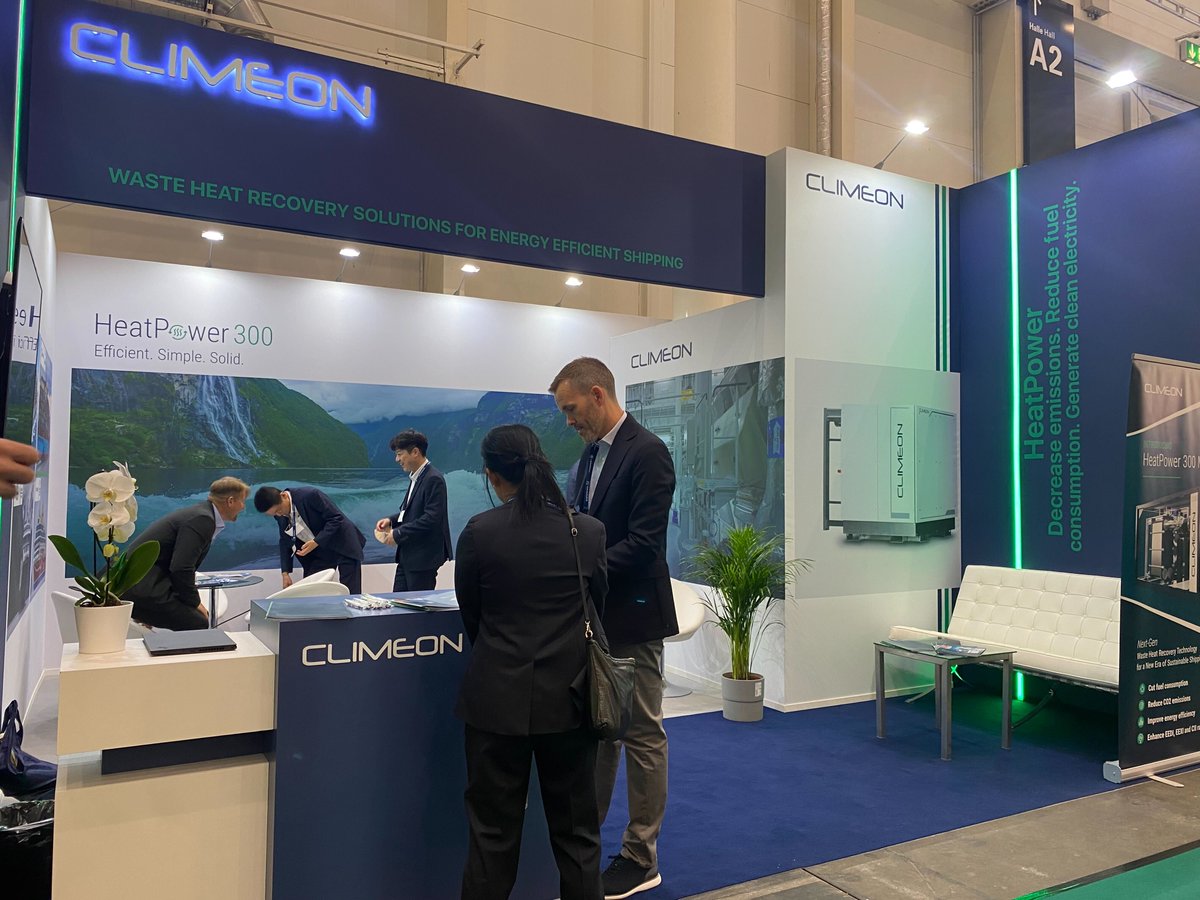 Climeon's tweet photo. We’re here! 👋 At this year’s @SMMfair Climeon is launching its brand-new waste heat recovery technology, #HeatPower 300 Marine. Join us at Booth 107 Hall A1, learn more about increasing onboard energy efficiency and find out how we’re #drivingthemaritimetransition https://t.co/jy4JZsX65F