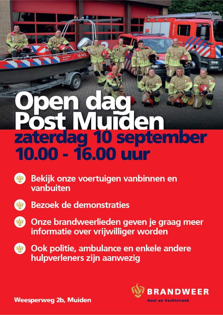 Aanstaande zaterdag vind in #Muiden de open dag van de brandweer plaats. O.a. ProRail, politie, ambulance en jeugdbrandweer zijn aanwezig. Komt u ook?