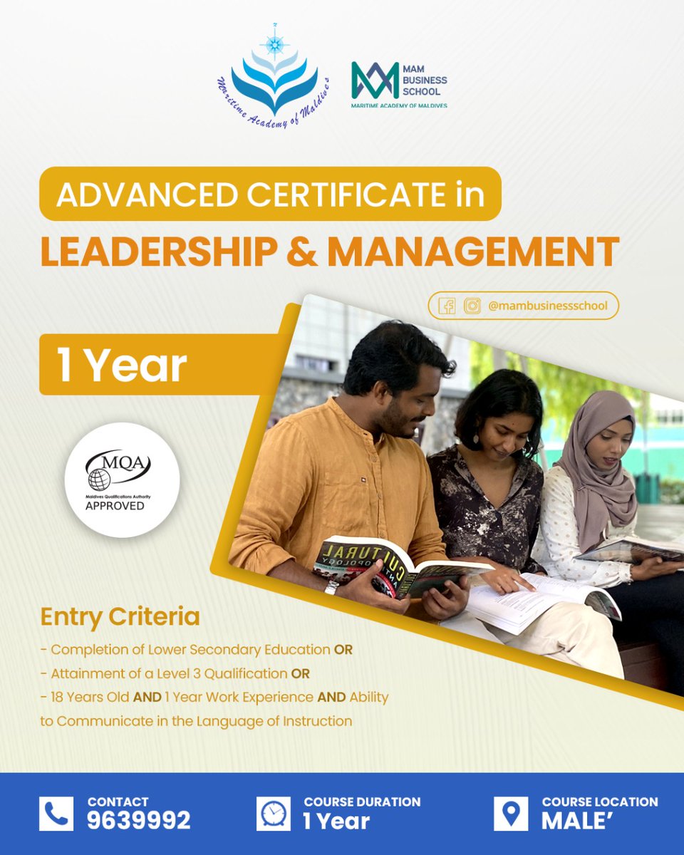 iite_bs's tweet photo. September Intake 2022 📚✏️
Apply for our Advanced Certificate in Leadership &amp; Management !
Special Discounts for the first 5 Seats.
Face to Face Classes in Male' and in Atolls !
To apply, please fill the form below 👇
https://t.co/QrupU3FUNu https://t.co/m66UPohgSj