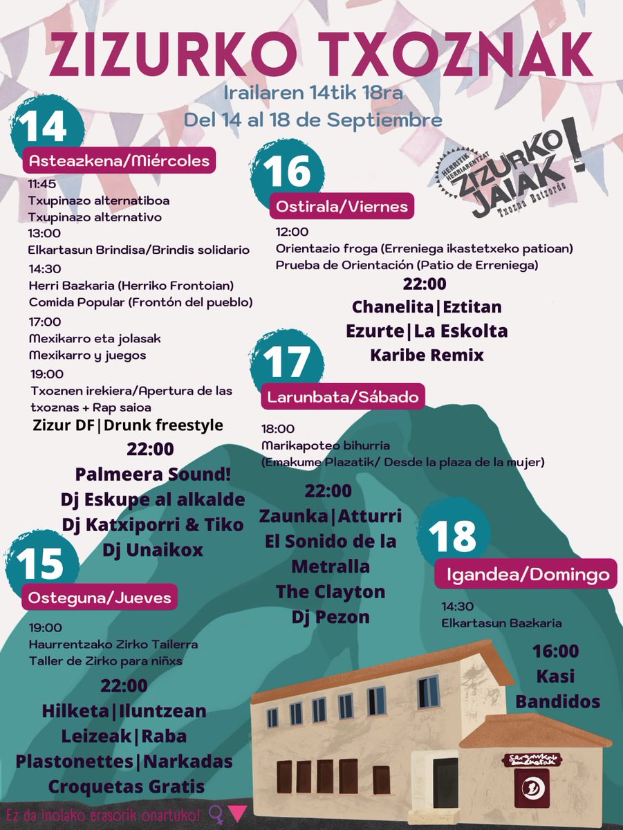 💥ZIZURKO JAIAK💥

.
Hemen duzue Zizurko Txozna Batzordeak aurten Zizurko jaietarako antolaturiko egitaraua! Zabaldu eta parte hartu!

💥FIESTAS DE ZIZUR💥

.
!Esta es la programación de Zizurko Txozna Batzordea para las fiestas de este año! Comparte y participa!