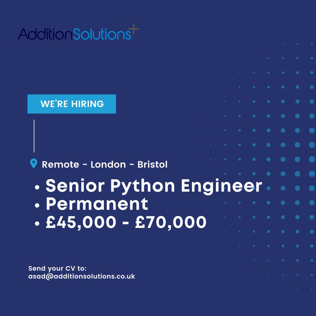 AdditionRecruit's tweet image. 🚨Are you a Senior Python Engineer looking for a new job?🚨
This position is flexible! Work remotely or commute to the office in London/Bristol).
APPLY NOW!
reed.co.uk/jobs/senior-py…
#pythonengineer #python #django #docker #javascript #aws #remoteukjobs
