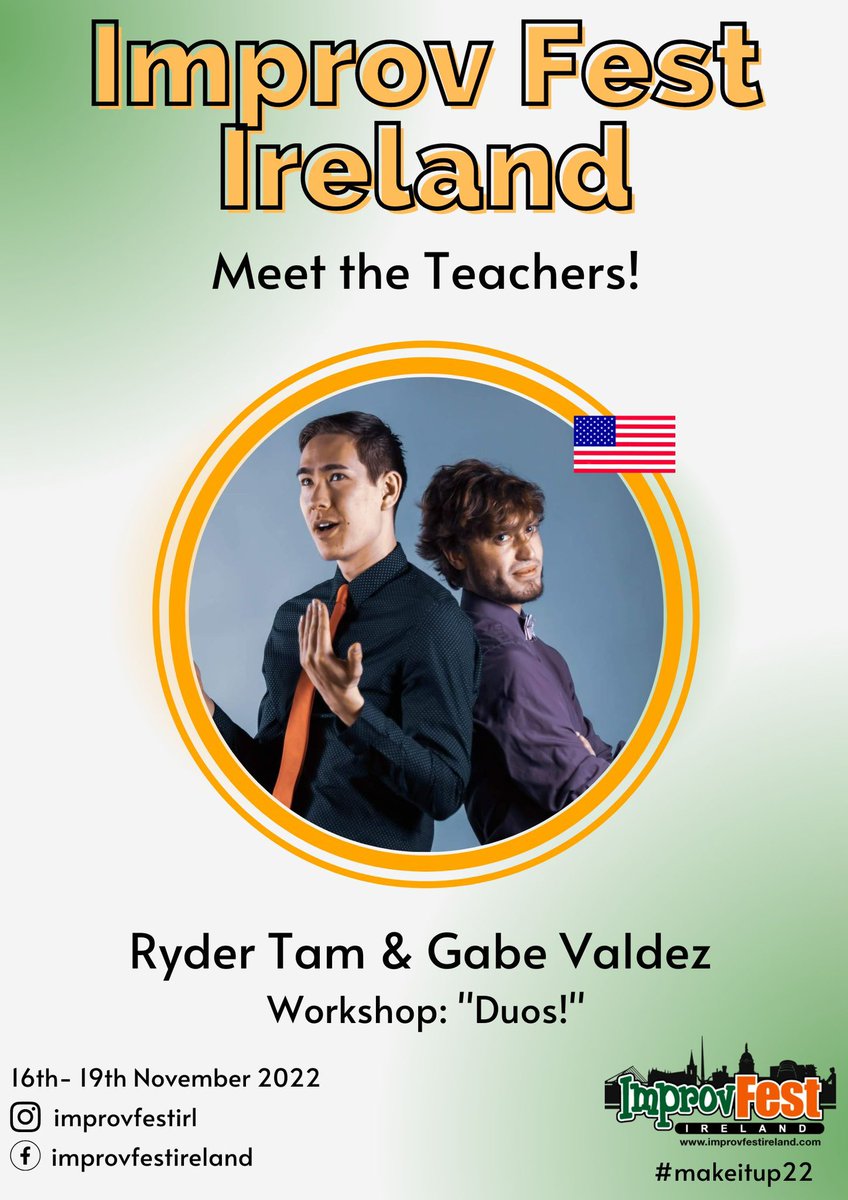 Our next teacher intro is with <a href="/rydertamcomedy/">Ryder Tam</a> and Gabe Valdez who will be teaching their workshop “DUOS!”
#improv #improvcomedy #improvfestival #makeitup22 #eventsindublin #thingstodoindublin