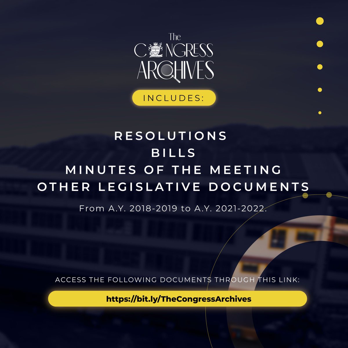 slucongress's tweet photo. Greetings, Louisians!

The 22nd Louisian Congress proudly launches 𝗧𝗵𝗲 𝗖𝗼𝗻𝗴𝗿𝗲𝘀𝘀 𝗔𝗿𝗰𝗵𝗶𝘃𝗲𝘀, a Google Drive containing the documents of the Congress from Academic Year 2018-2019 to 2021-2022. https://t.co/Nj6gnCHc4L