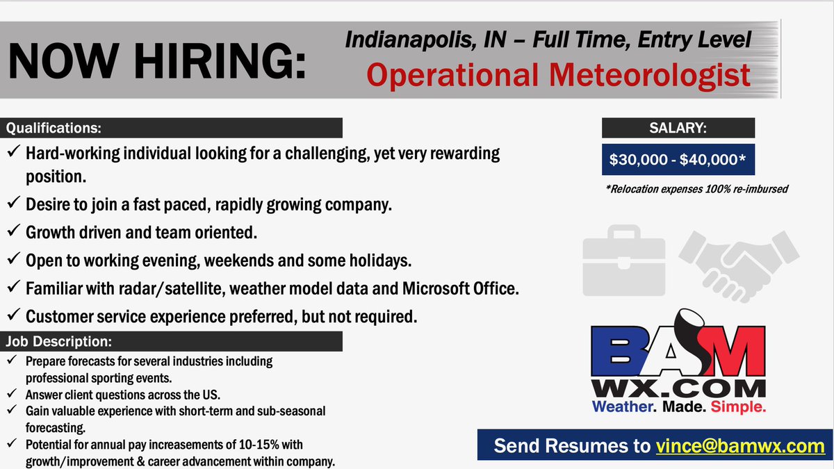 bam_weather's tweet photo. We’re hiring!🚨🚨

We have openings for full time meteorologists &amp; college interns!

Come work for a quickly growing company that provides you with uncapped 💰 potential + operational forecasting experience 

📧 any questions + resumes/ cover letters to vince@bamwx.com to apply! https://t.co/W1vU6pixqq