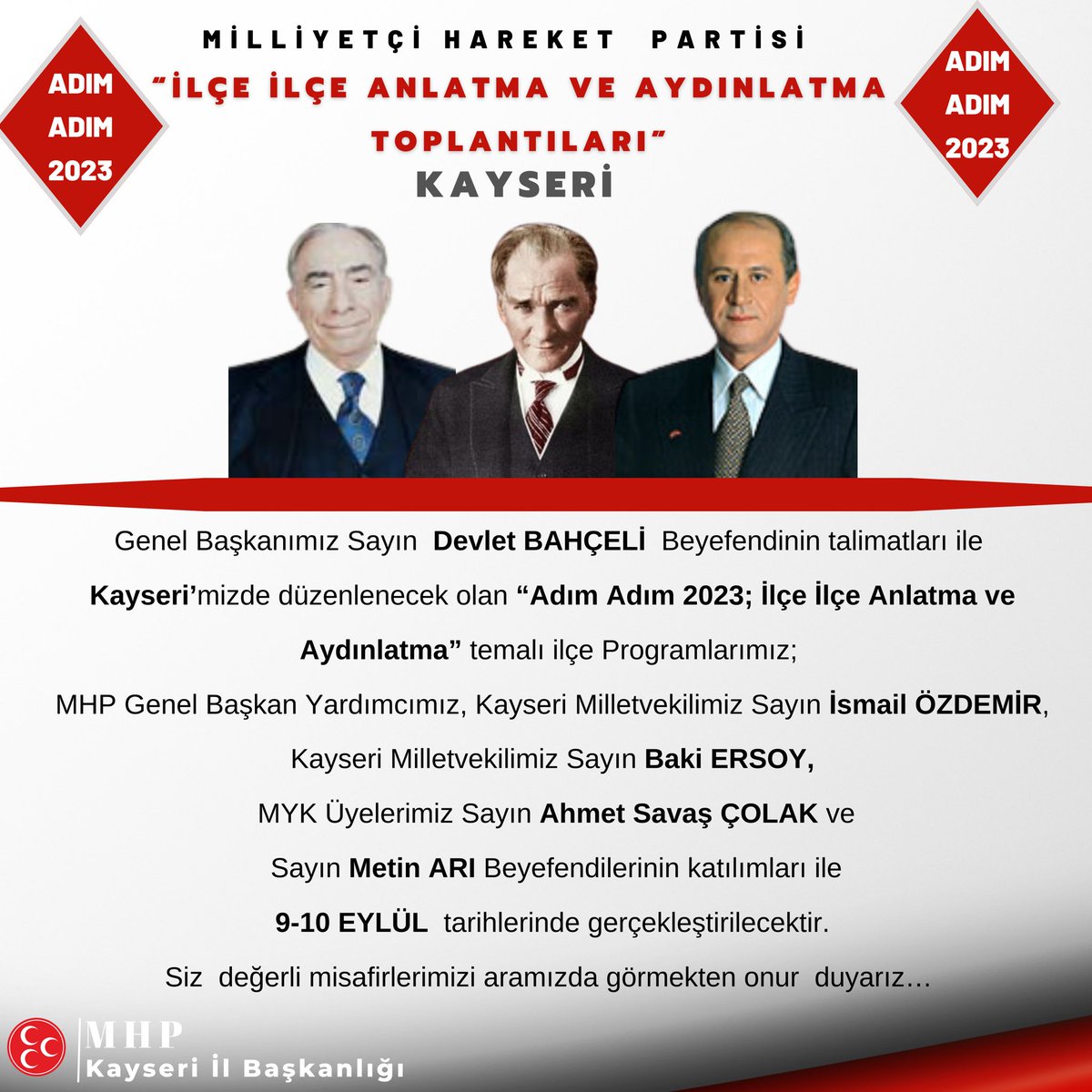 MhpKayseri38's tweet photo. 🇹🇷ADIM ADIM 2023; İLÇE İLÇE ANLATMA VE AYDINLATMA 🇹🇷 KAYSERİ 🇹🇷

🔴ÖZVATAN-FELAHİYE 
📍ÖZVATAN GENÇLİK MERKEZİ
🗓 9 EYLÜL 2022
⏱11:00

🔴SARIOĞLAN-AKKIŞLA 
📍SARIOĞLAN ÇİFTLİK DÜĞÜN SALONU
🗓9 EYLÜL 2022
⏱15:15 https://t.co/uol21HwsLt