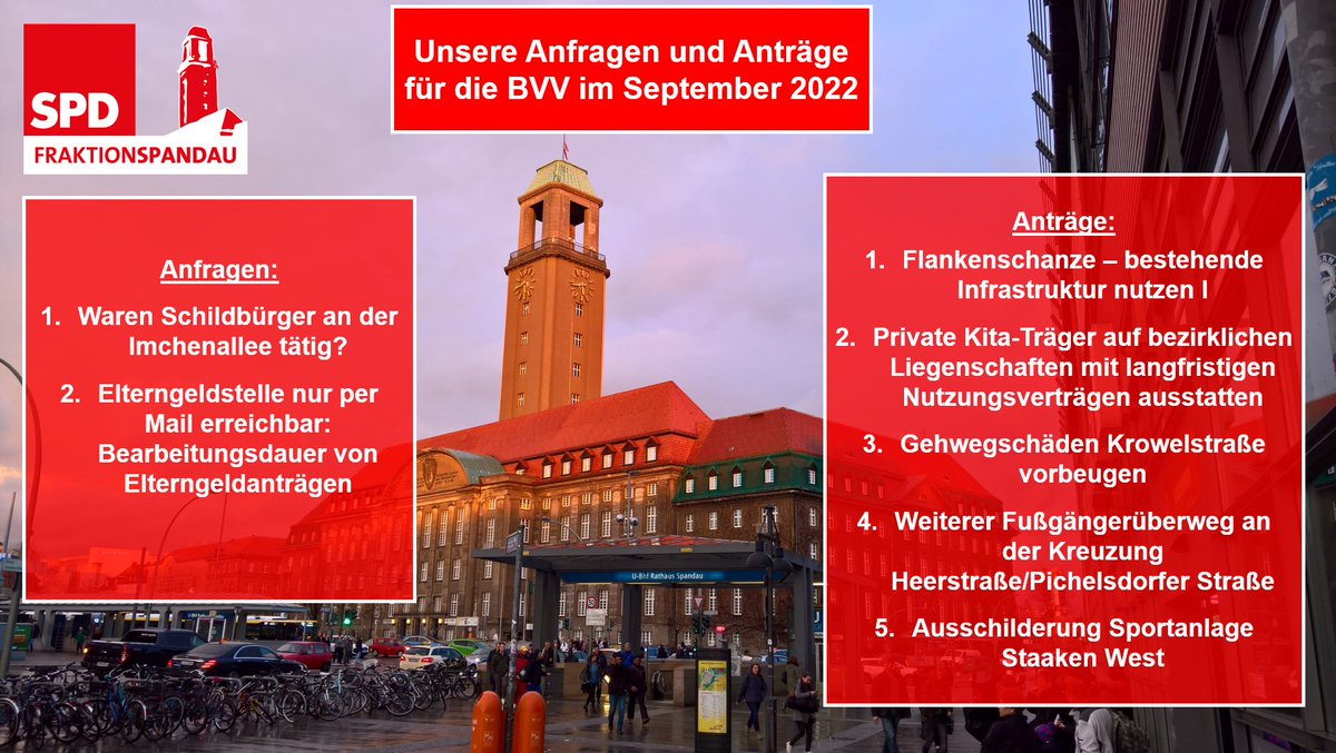 Unsere Anfragen und Anträge für die September-Sitzung der BVV morgen, am 07. September 2022, ab 17:00 Uhr im Rathaus Spandau.

Die Anfragen- und Antragstexte finden Sie hier: spd-fraktion-spandau.de/september-2022/

#gutfürspandau #bvv #spandau #BVVspandau