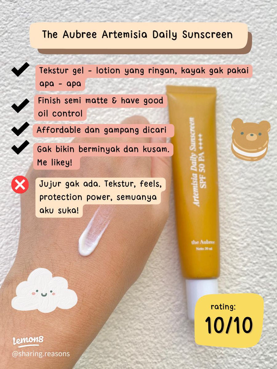 IndonesiaLemon8's tweet photo. The Aubree Artemisia Daily Sunscreen ✨

Tekstur Gel - lotion ringan, finish semi matte &amp; good oil control, gak bikin berminyak dan kusam.

#lemon8indonesia #racunskincare
#sunscreen #sunscreenreview https://t.co/Nab7wnpaEW