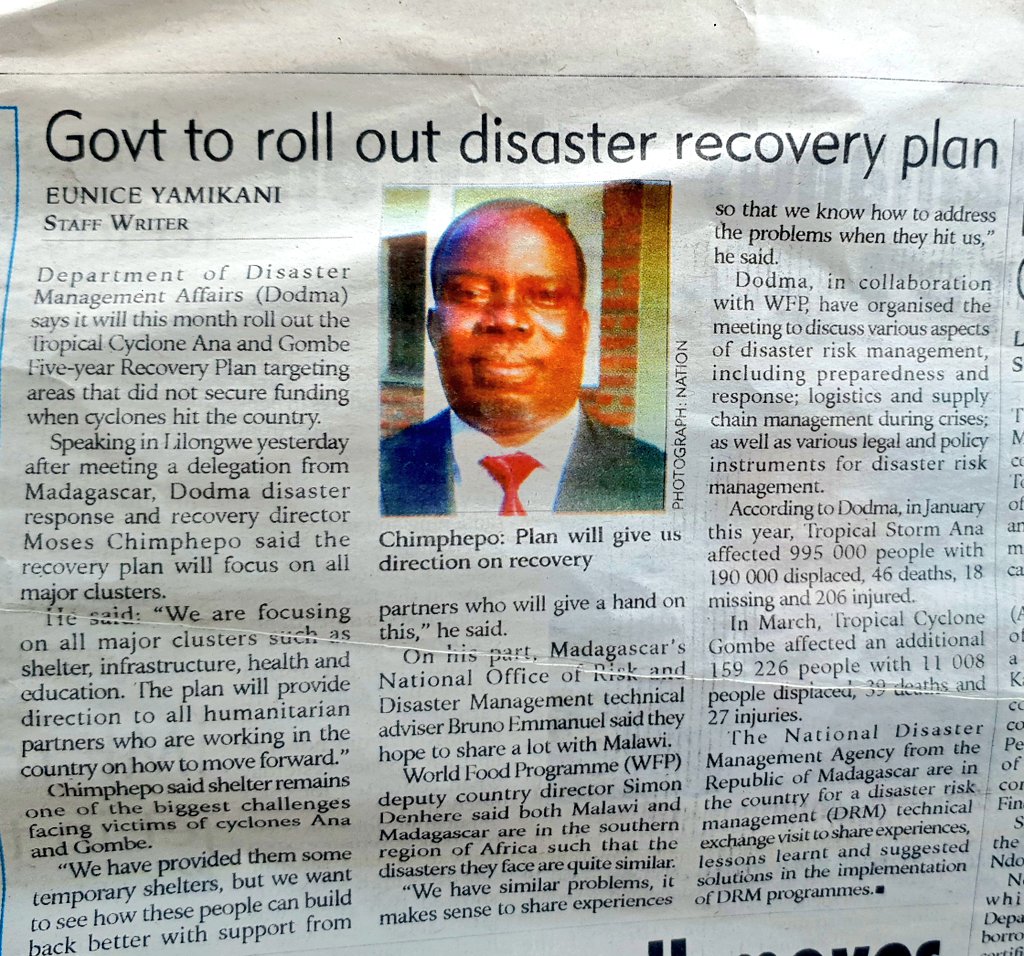 aej_malawi's tweet photo. @DisasterDept to roll out a five year recovery plan targeting areas that did not receive support after tropical storm Ana & cyclone Gombe.
Do we know the impact of previous recover projects. Are people recovering when disasters r hitting wave after wave?#InvestinDRR #DRRBillNow! https://t.co/kO9RYmdHXx