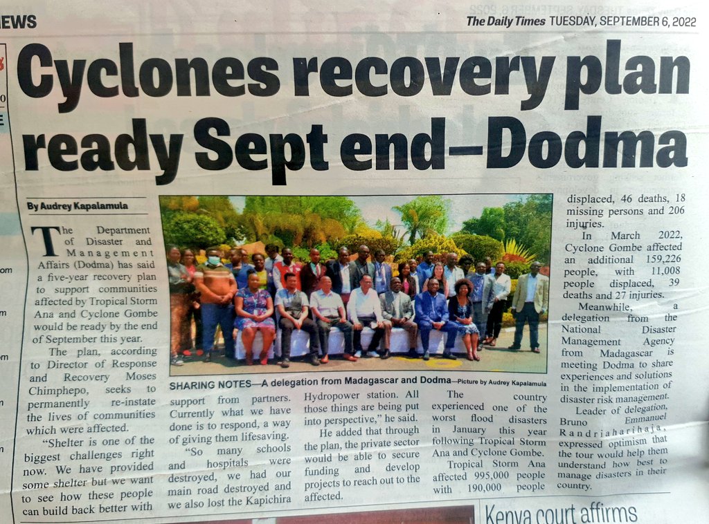 aej_malawi's tweet photo. @DisasterDept to roll out a five year recovery plan targeting areas that did not receive support after tropical storm Ana & cyclone Gombe.
Do we know the impact of previous recover projects. Are people recovering when disasters r hitting wave after wave?#InvestinDRR #DRRBillNow! https://t.co/kO9RYmdHXx