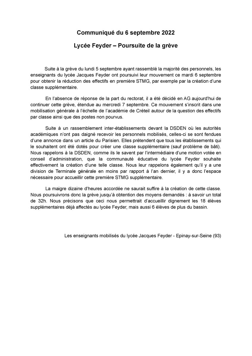 🔴 #NotreVraieRentrée au lycée Jacques Feyder (Épinay-sur-Seine) 👇
<a href="/AcCreteil/">Académie de Créteil</a> <a href="/education_gouv/">Ministère Éducation nationale</a> 

Pour l'ouverture d'une classe de 1ère STMG supplémentaire : les personnels mobilisé·es reconduisent la grève demain mercredi 7 septembre !

<a href="/93Fsu/">https://bsky.app/profile/fsu93.bsky.social</a> <a href="/SnesFsuCreteil/">SNES-FSU CRETEIL</a> <a href="/SNESFSU/">SNES-FSU</a>
