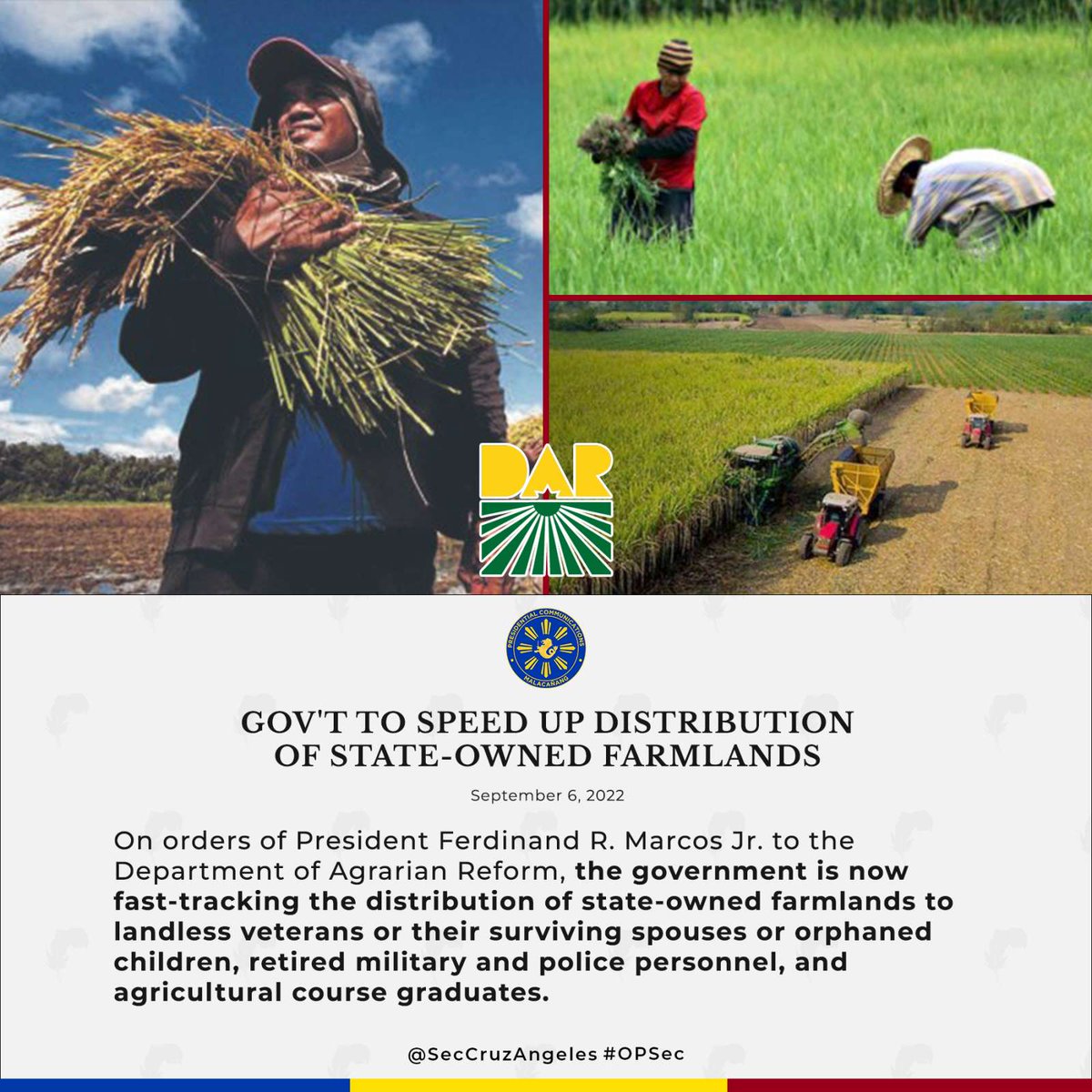 SecCruzAngeles's tweet photo. Inaayos na ng pamahalaan ang mga kinakailangan para mas mabilis na maipamahagi ang mga lupang sakahan na pagmamay-ari ng pamahalaan para sa mga beterano ng giyera at kanilang naulilang asawa o anak, mga retiradong pulis at sundalo, at mga nagtapos ng agricultural courses. (1/3) https://t.co/XLVwPxmCyw