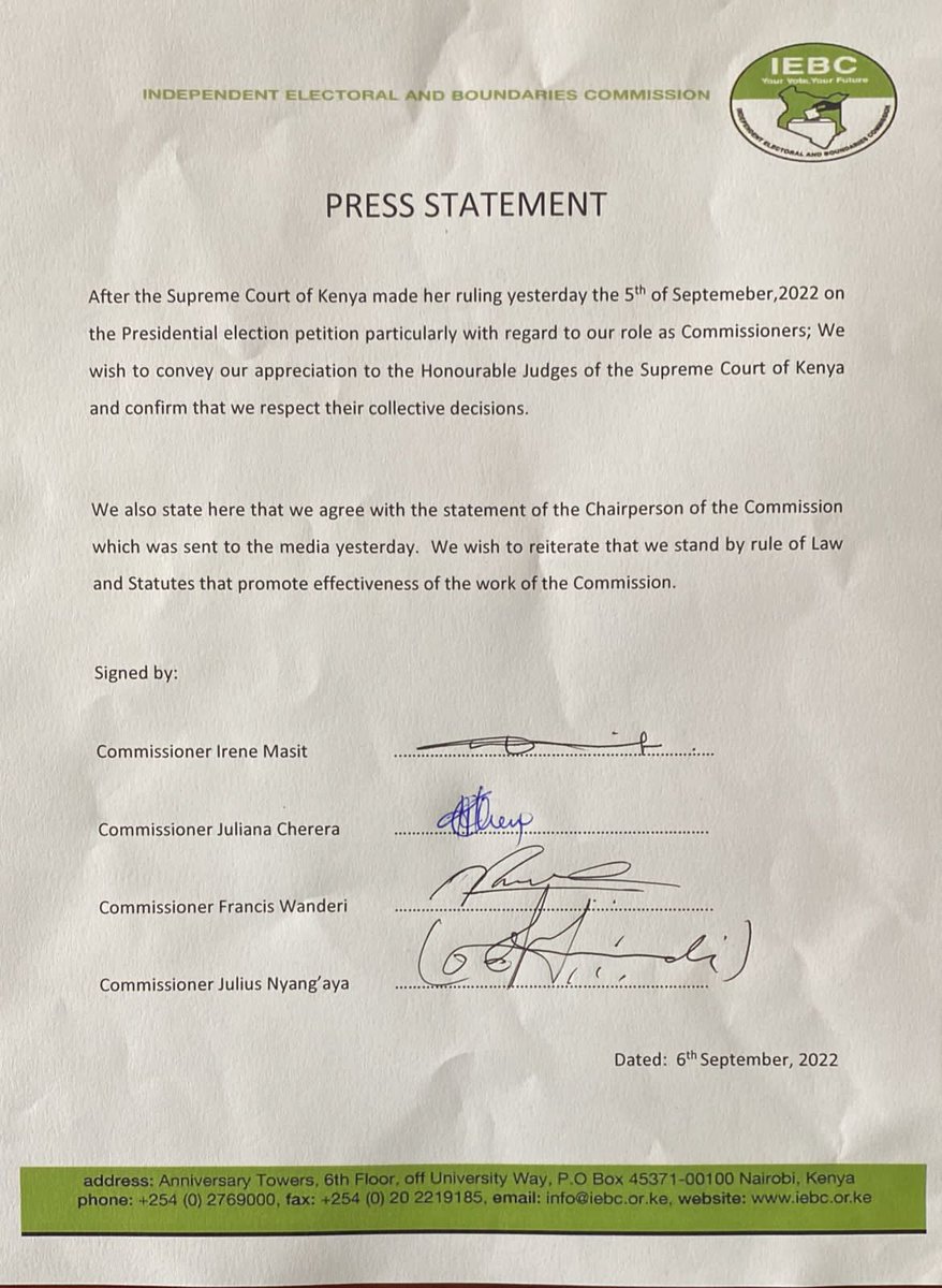 Ben_Kitili's tweet photo. Statement by IEBC commissioners Juliana Cherera, Irene Masit, Francis Wanderi and Justus Nyang'aya. https://t.co/qUTza88t6m