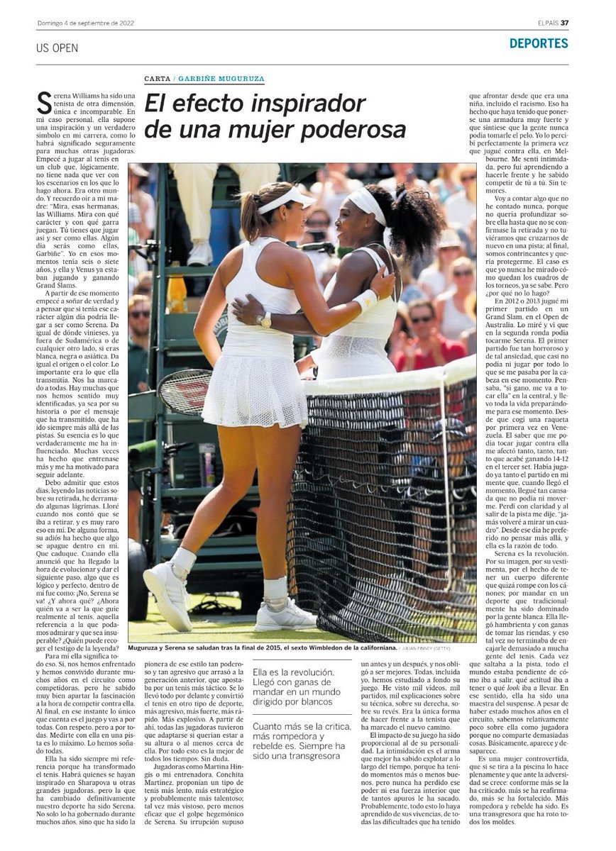 Ella ha sido un gran referente, sin duda para mí lo ha sido. @elpais_deportes me invitó a escribir sobre @serenawilliams en primera persona. Aquí os lo comparto.