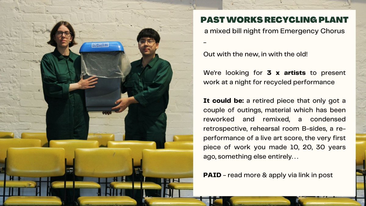 emergencychorus's tweet photo. 🔄🗑️💚 out with the new, in with the old💚🗑️🔄

we're hosting a night of recycled performance @CamdenPT on 13 Nov and we need performances!!

more info &amp; apply here: https://t.co/BUFRW32yM4 https://t.co/JdGkup0c3f