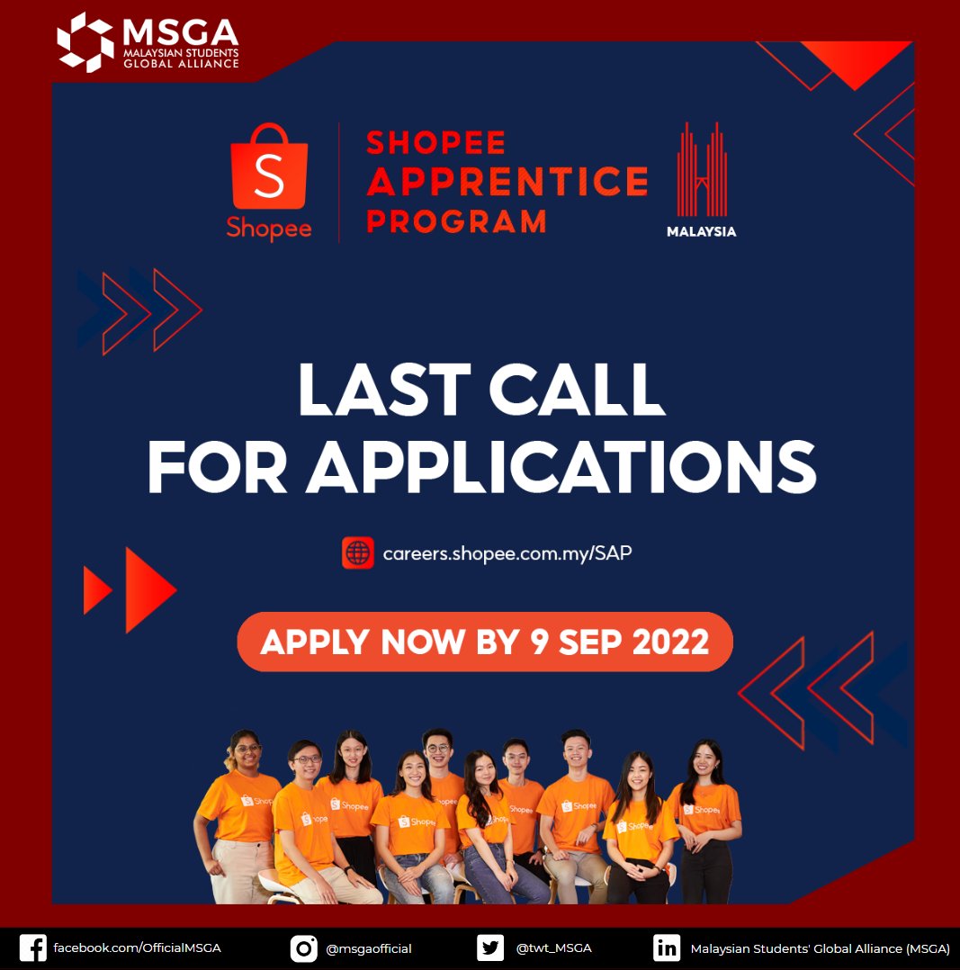 twt_MSGA's tweet image. Shopee is once again on the lookout for talents who are currently pursuing any Bachelor/Master's degree from the second to final year at local or overseas universities.

Apply here: careers.shopee.com.my/job-detail/J00…

#ShopeeInterns #LifeAtShopee #ShopeeMY