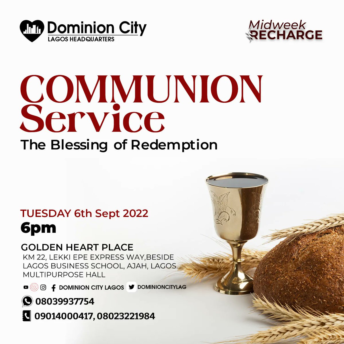 dominioncitylag's tweet photo. "In Him we have redemption through His blood, the forgiveness of sins, according to the riches of His grace" Ephesians 1:7 NKJV
Join us this evening for comunion service by 6pm.
#DominionCity
#DCLagosHQ
#BlessingOfRedemption
#CommuionService
#MidweekRecharge https://t.co/Xdi2uNjDrr
