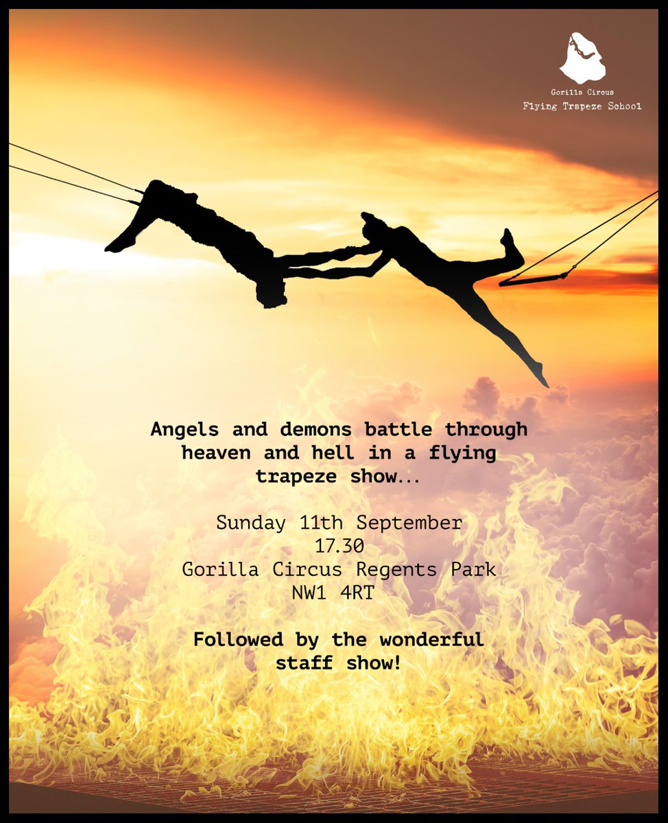 This Sunday!!
Bring yourself a blanket, picnic and maybe a friend 🐒 🍾 🎪 
#flyingtrapezeschool #flyingtrapeze #gorillacircus #show #performance #autumn #endofsummer #circus #circuslife #free #events #london #londonlife #ukcircus #aerial #jump #catch #thingstodo #whatson