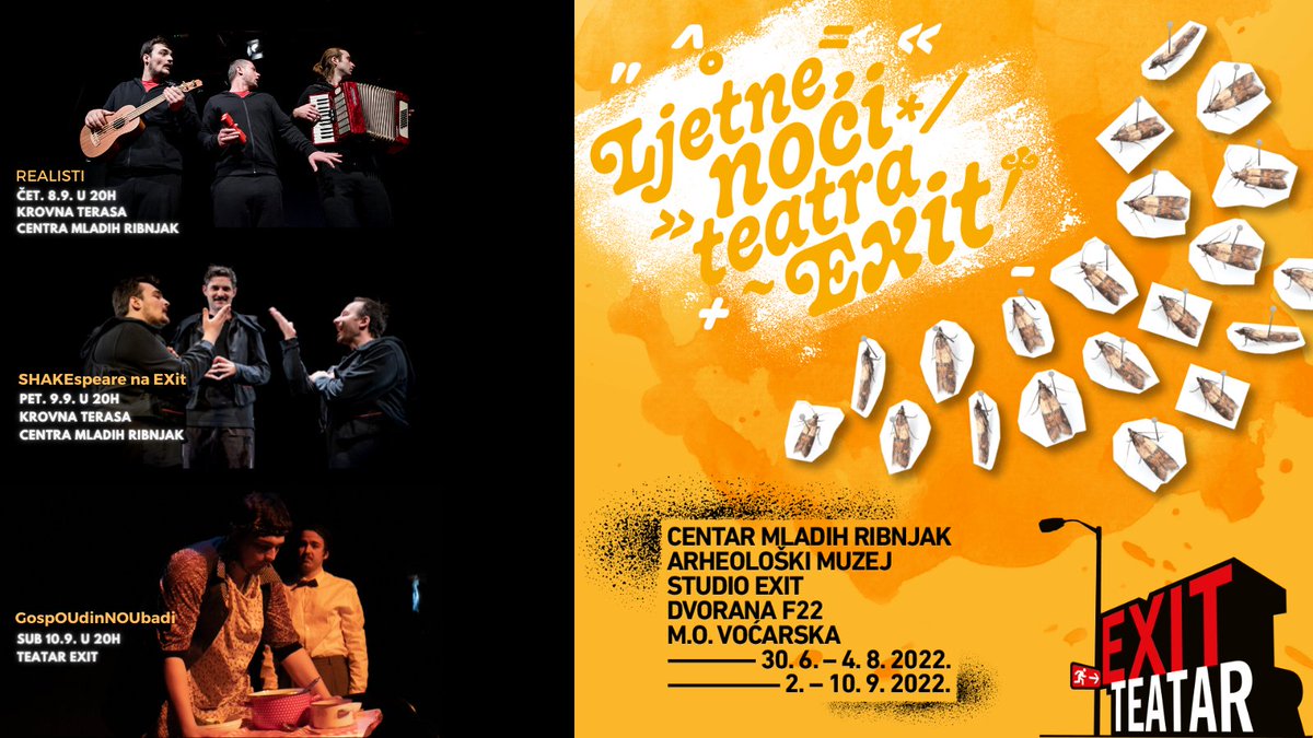 TeatarEXIT's tweet photo. 🌙ZADNJI TJEDAN LJETNIH NOĆI TEATRA EXIT🌙
Ostale su još samo tri predstave do kraja ovogodišnjih Ljetnih noći Teatra EXIT!
Na kojoj se vidimo?😃
📌REZERVACIJE: 01/3704 -120 ili prodaja@teatarexit.hr https://t.co/d3oYCmi3e9