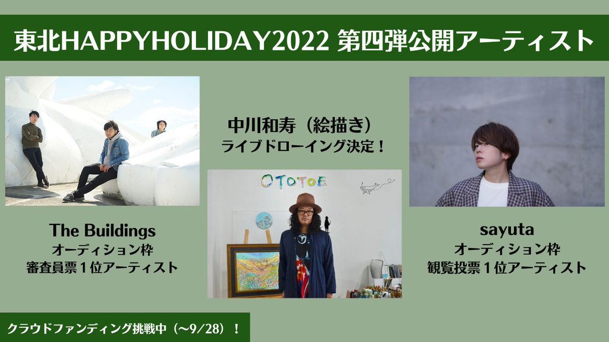 T_HAPPYHOLIDAY's tweet photo. 【拡散希望】
先日のオーディションライブから切符を手にされた

#TheBuildings さん
#sayuta さん
に加え、昨年に続きアート部門で #中川和寿 さん決定！

今年は誰と融合をするのか、お楽しみに！

クラウドファンディング挑戦中！
あなたのお気持ちがハピホリを作ります！
https://t.co/WOd697FEdc https://t.co/KhYuKgymIN