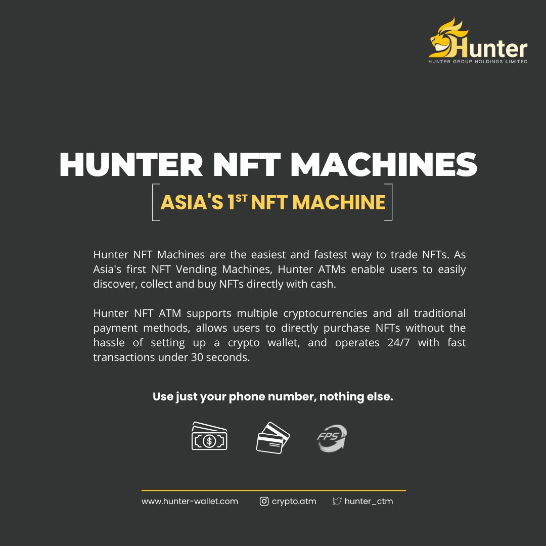 hunter_ctm's tweet photo. Hong Kong's first NFT machine is here and you can make your first transaction in the 5 locations listed in the link in bio. To make your first purchase all you need is a phone number, nothing else!
#HunterCTM https://t.co/O8Tem4M87C