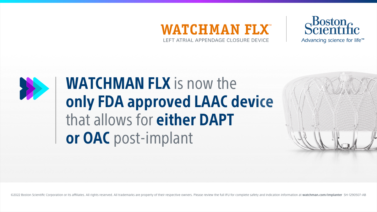 WATCHMAN FLX™ receives FDA approval for DAPT labeling – now the only #LAAC device in the US to offer flexibility in choice for either DAPT or OAC immediately following implant. bit.ly/3BgjZmU

Safety info: bit.ly/3RHTo7x