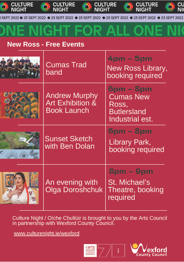 With Culture Night 2023 fast approaching, there are great events lined up in New Ross.

For more information check out: culturenight.ie/wexford