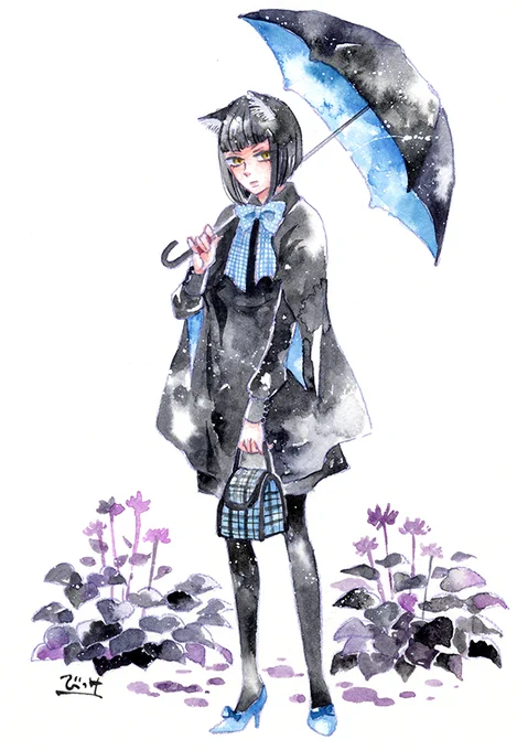 【黒服のねこ少女】#黒の日 #水彩 #水彩画 