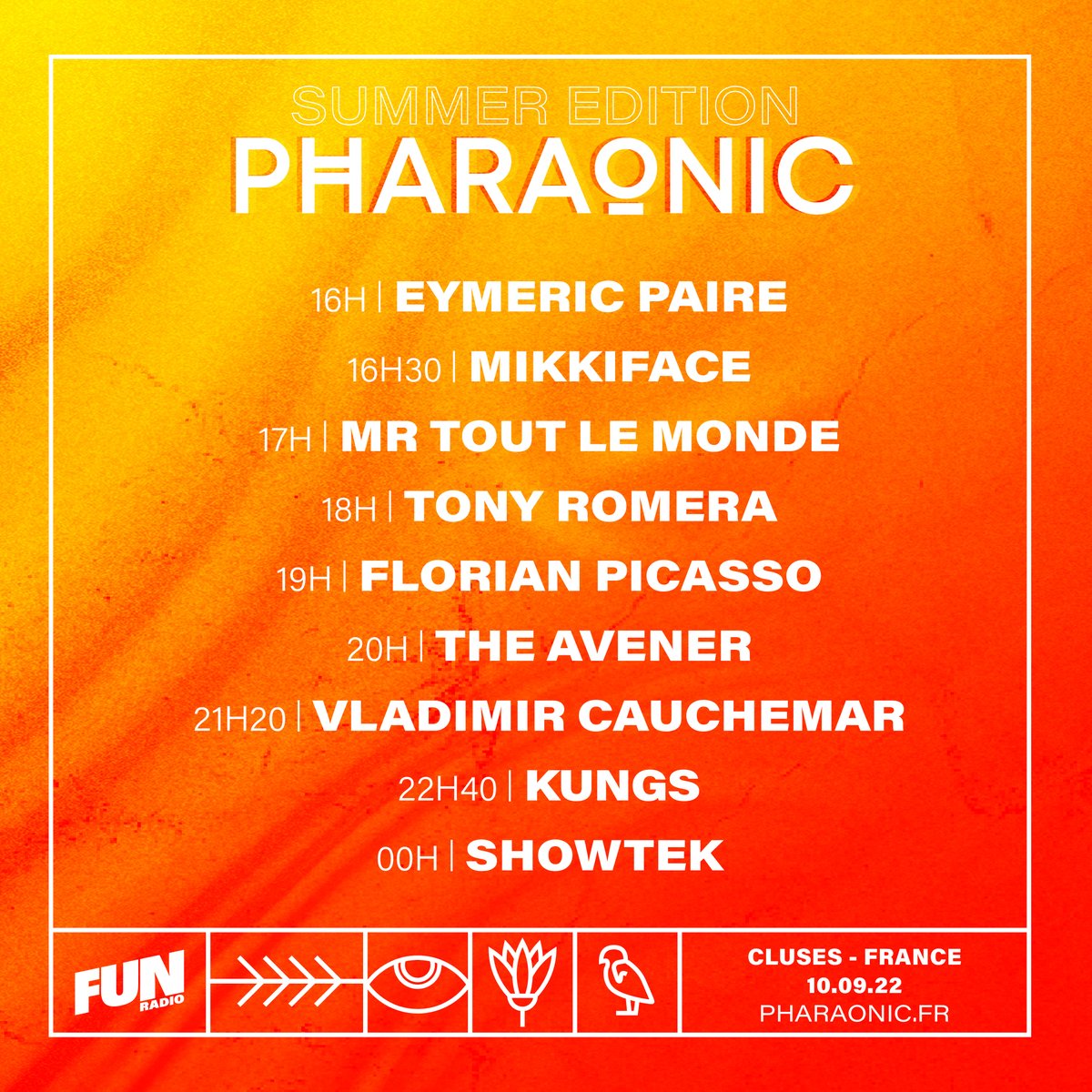 Pharaonic_fest's tweet photo. [J-4] Vous l’attendiez avec impatience ! Voici le timetable 🔥🔥🔥 On se retrouve samedi ? 😜
#pharaonic #summer #festival #cluses #hautesavoie #kungs #vladimircauchemar #theavener #showtek #tonyromera #florianpicasso #mrtoutlemonde  #mikkiface #eymericpaire #djdeal https://t.co/yVrMJD8Ypc