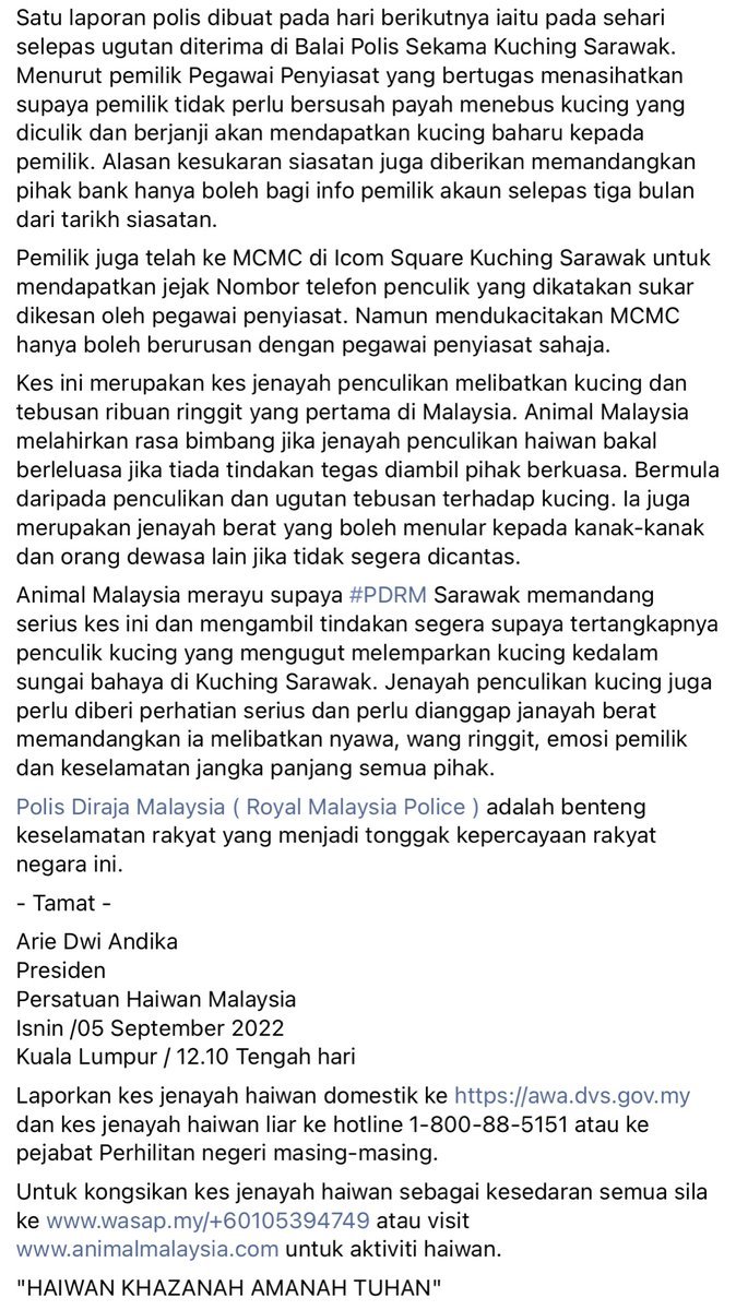 NewsBFM's tweet photo. 1. A man has allegedly held a cat ransom in Kuching, Sarawak, demanding RM6,000 from its owners in exchange for its release.

The Malaysia Animal Association says this is the first ever kidnapping case in Malaysia involving a cat and thousands of ringgit in ransom. https://t.co/XHPd2N1KEz