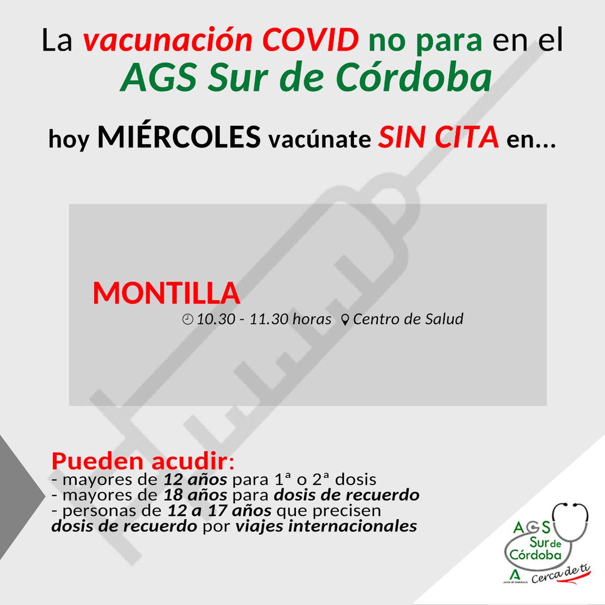 Hoy #MIÉRCOLES puedes vacunarte SIN CITA frente a la #COVID en👇🏻
➡️ #MONTILLA
🕘 10.30-11.30 horas
📍Centro de Salud
Pueden hacerlo si:
➕1️⃣8️⃣ años (dosis de recuerdo)
➕1️⃣2️⃣ años (1ª o 2ª dosis)
✈️ De 1️⃣2️⃣ a 1️⃣7️⃣ años x viajes internacionales
#AGSSurdeCórdoba 
#40añosCercaDeTi