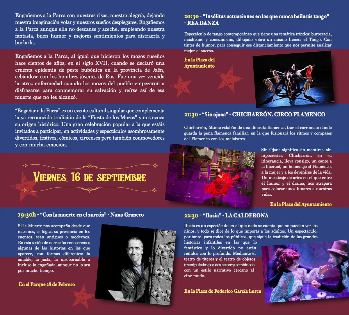 🎪Aquí teneis la programación completa de la II edición del Festival Engañar a la Parca🤹‍♂️

🤡Horarios, lugares y todo lo que debéis saber para no perderos nada💀

#engañaralaparca #circo #festival #teatro #muerte