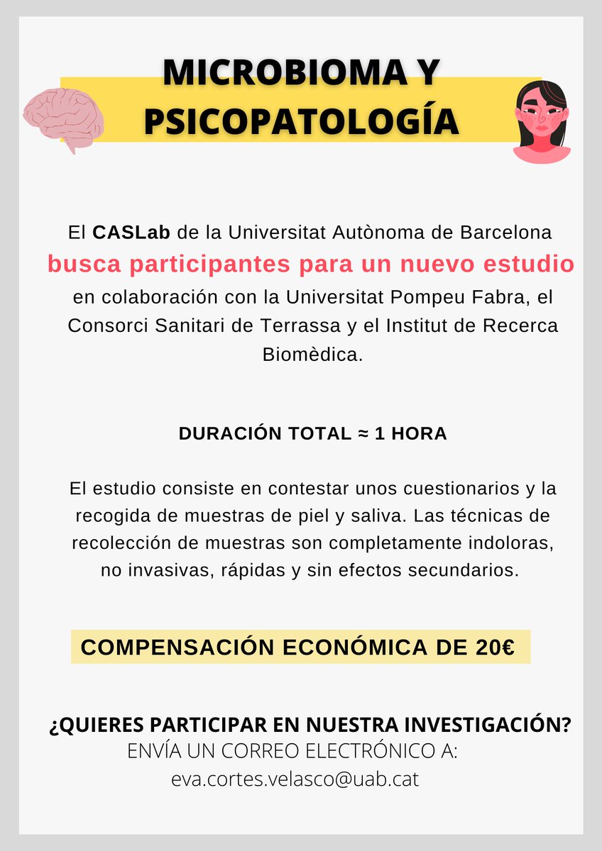 the_prbb's tweet photo. 🦠 ¿Quieres participar en un estudio sobre #microbioma y #depresión? 🧠

El #CASLab de la @UABBarcelona colabora con @UPFbiomed, @IRBBarcelona y @CSTerrassa y buscan gente para el grupo control, especialmente:

👉🏾Mujeres: 50, 53, 57 y 64 años
👉🏾Hombres: 68

👩🏾‍🔬¡Ayuda a la ciencia! https://t.co/XPZuUueQYE