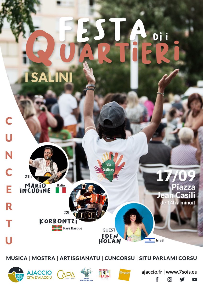 ChrisMondoloni's tweet photo. Festa di i QUARTIERI - Nos quartiers sont en fête ! « I Salini » le 17 Septembre prochain de 14h à minuit. #SituParlamiCorsu #Cuncertu #MusicaMondu #Artisgianatu #mostra #Spusizioni #Ghjochi #Atelli #Cuncorsi #disegnu #Bocci @VilledAjaccio @pays_ajaccien https://t.co/v5wYUbLo2z