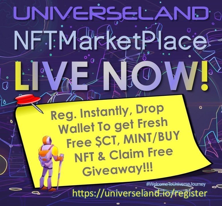UniverseLandNFT's tweet photo. You’ll receive $CT 7.7 ($59)
$CT 7700 For the first 1000 people who Follow & Retweet this
✅Retweet This
@UniverseLandNFT
Drop your $CT Address after Reg. & tag your friends to get Fresh $CT 7.7 instantly
🏆1st Come 1st Earn
#CoinTrunkSmartChain
#CTSC
#CTNFT
#CT https://t.co/tkmXvzEoLS