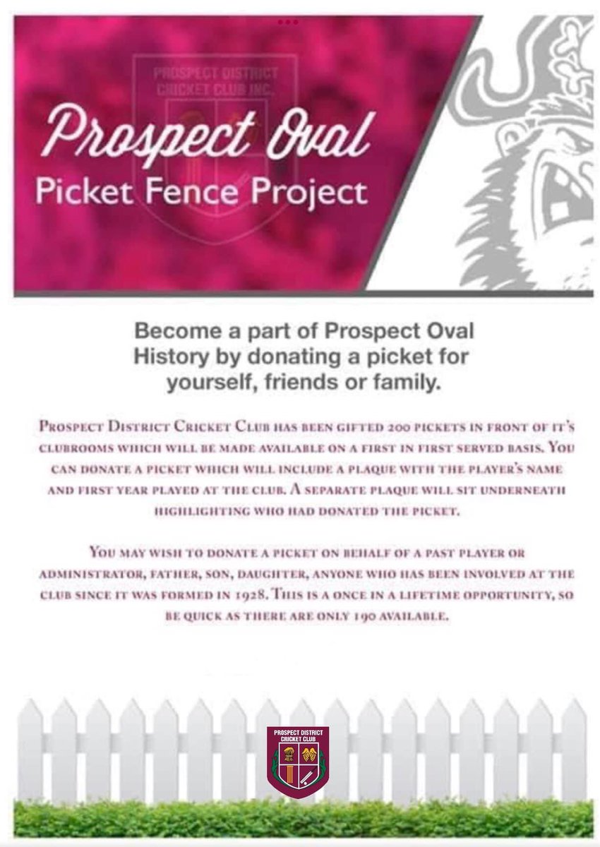 Day 6 give you the chance to have tour name forever etched on the hallowed grounds of Prospect Oval with your own personalised plaque on the boundary pickets surrounding the oval.Head to our website prospectcricketclub.org.au or email pdccpirates@gmail.com for further details ❤️🏴‍☠️🏏