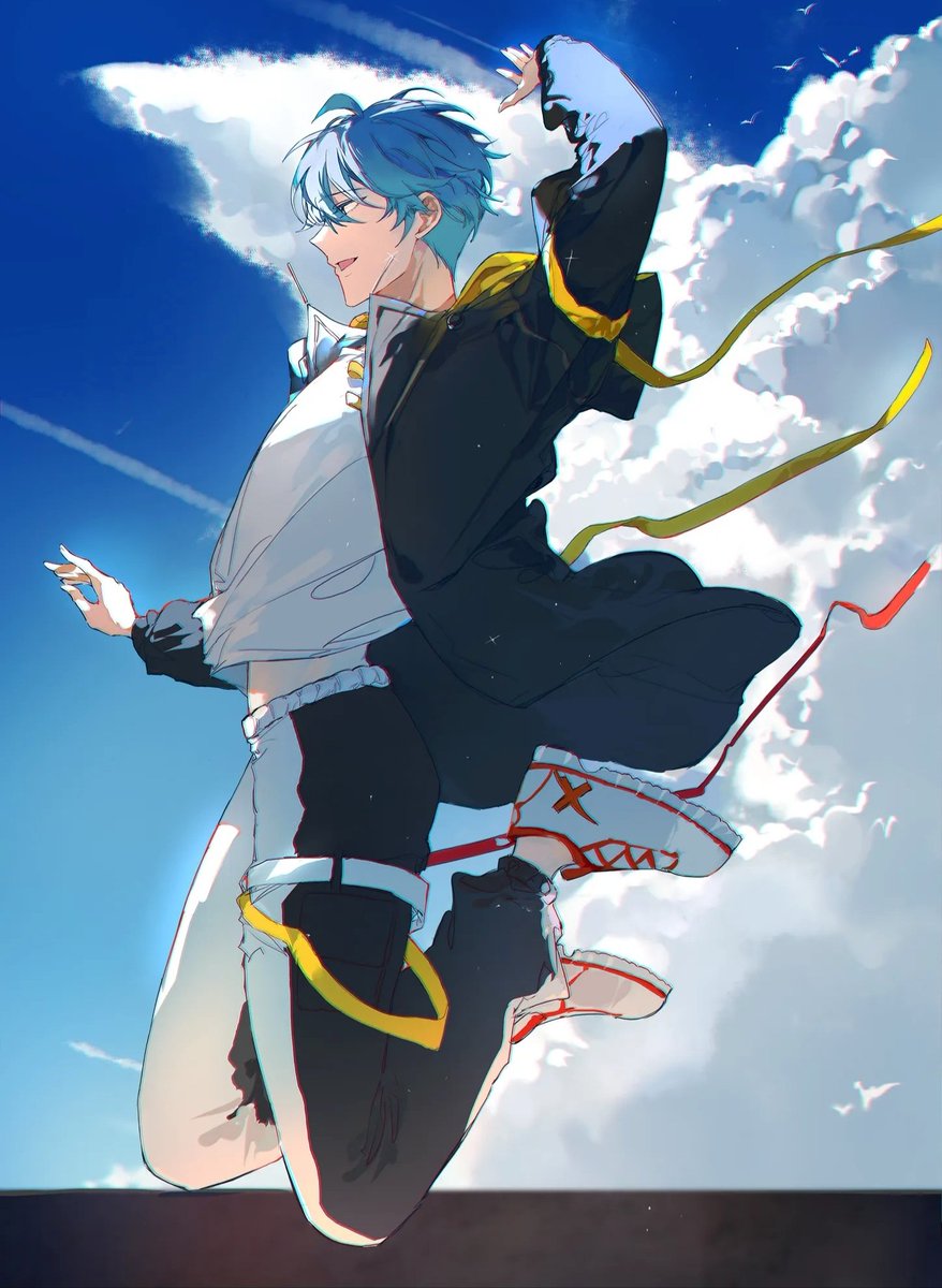 male focus 1boy jumping sky cloud solo jacket  illustration images